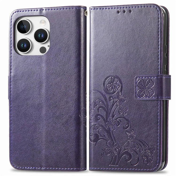 For iPhone 16 Pro Leather Case Four-Leaf Clover Phone Wallet Cover