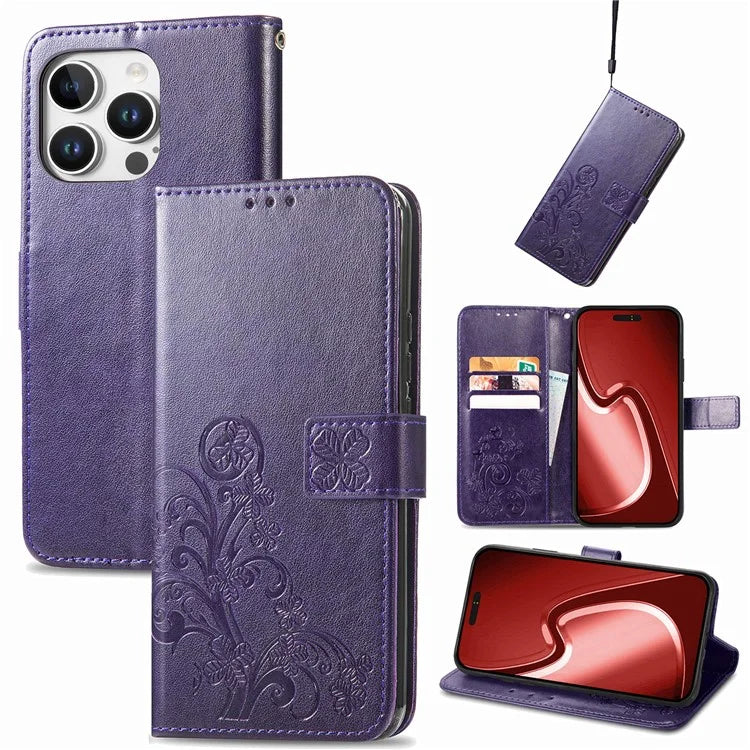 For iPhone 16 Pro Leather Case Four-Leaf Clover Phone Wallet Cover