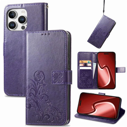 For iPhone 16 Pro Leather Case Four-Leaf Clover Phone Wallet Cover
