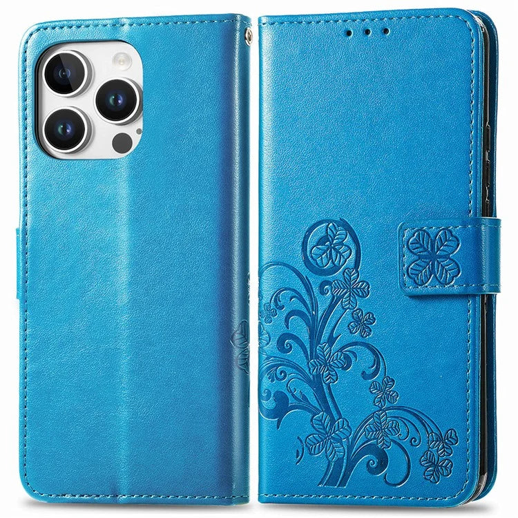 For iPhone 16 Pro Leather Case Four-Leaf Clover Phone Wallet Cover