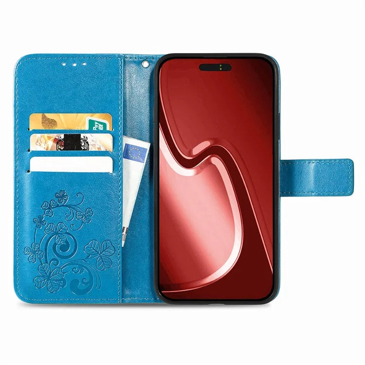 For iPhone 16 Pro Leather Case Four-Leaf Clover Phone Wallet Cover
