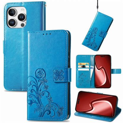 For iPhone 16 Pro Leather Case Four-Leaf Clover Phone Wallet Cover