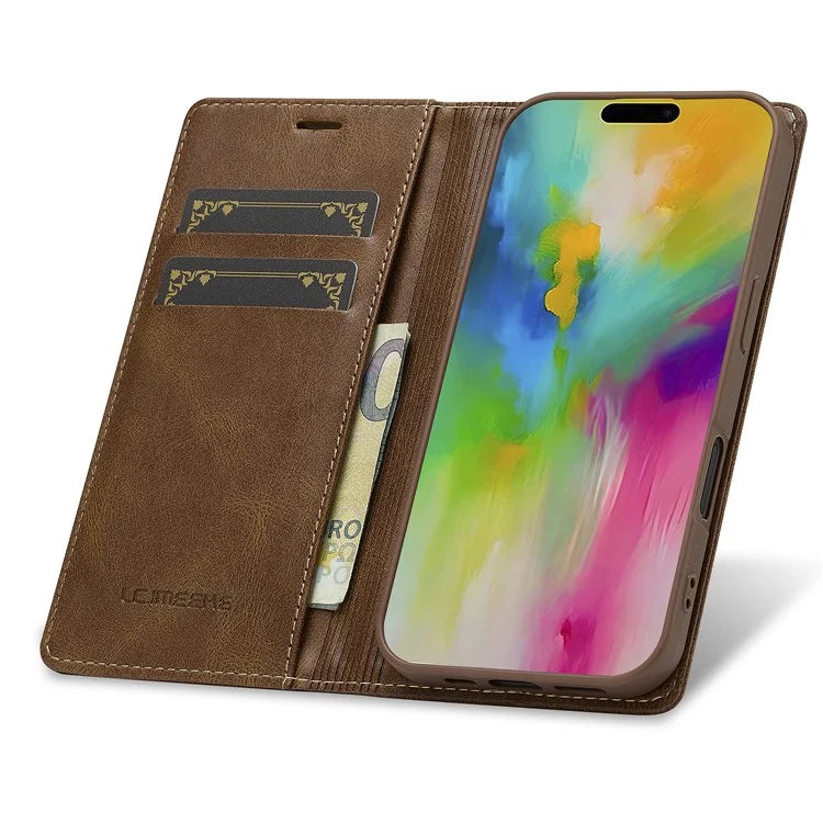 LC.IMEEKE For iPhone 16 Plus Leather Case RFID Blocking Card Slots Phone Cover