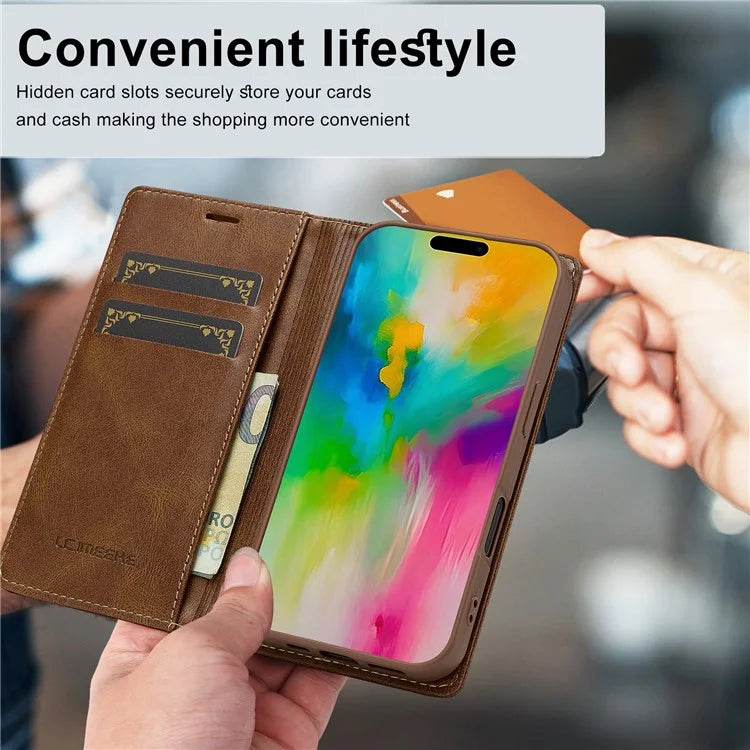 LC.IMEEKE For iPhone 16 Plus Leather Case RFID Blocking Card Slots Phone Cover