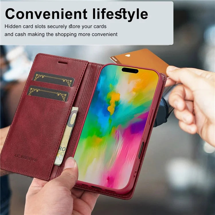 LC.IMEEKE For iPhone 16 Leather Case RFID Blocking Card Slots Phone Cover