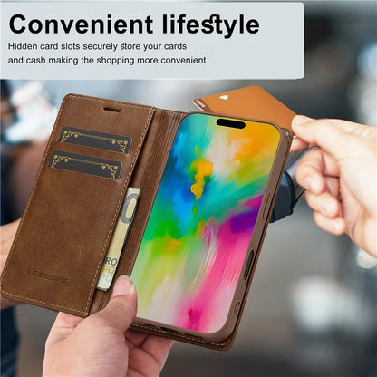 LC.IMEEKE For iPhone 16 Leather Case RFID Blocking Card Slots Phone Cover