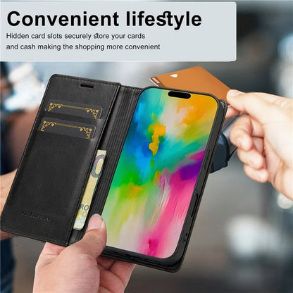 LC.IMEEKE For iPhone 16 Leather Case RFID Blocking Card Slots Phone Cover