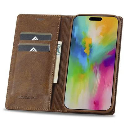 LC.IMEEKE For iPhone 16 Pro Leather Case RFID Blocking Card Slots Phone Cover