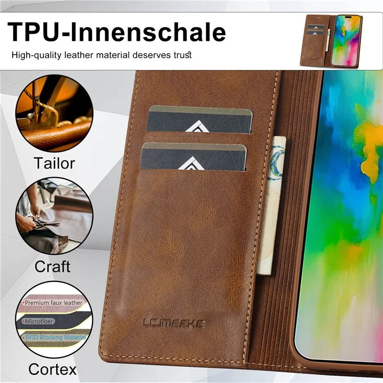 LC.IMEEKE For iPhone 16 Pro Leather Case RFID Blocking Card Slots Phone Cover