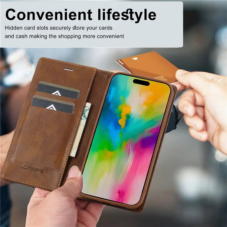 LC.IMEEKE For iPhone 16 Pro Leather Case RFID Blocking Card Slots Phone Cover