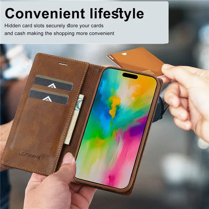LC.IMEEKE For iPhone 16 Pro Leather Case RFID Blocking Card Slots Phone Cover