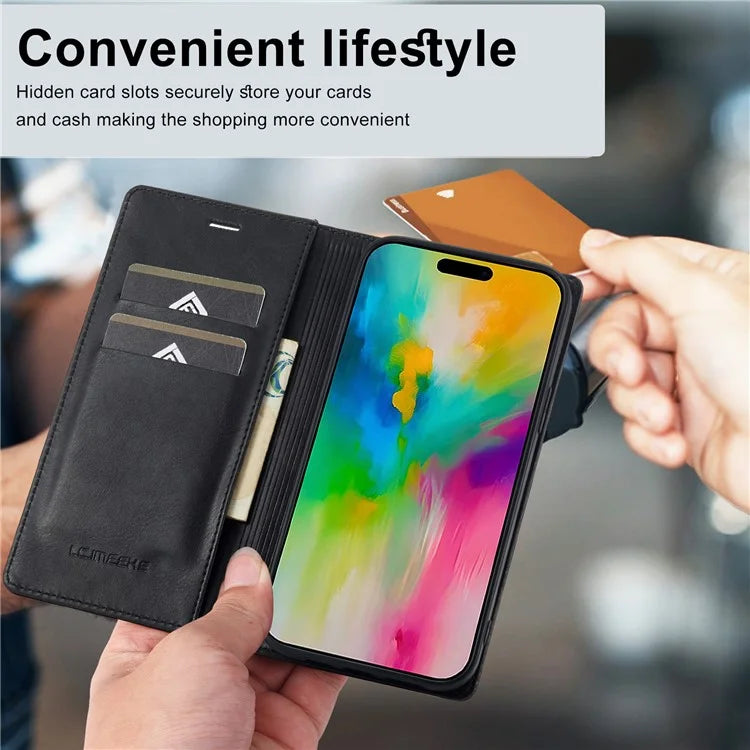 LC.IMEEKE For iPhone 16 Pro Leather Case RFID Blocking Card Slots Phone Cover