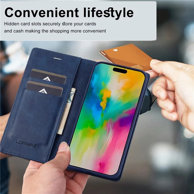 LC.IMEEKE For iPhone 16 Pro Leather Case RFID Blocking Card Slots Phone Cover