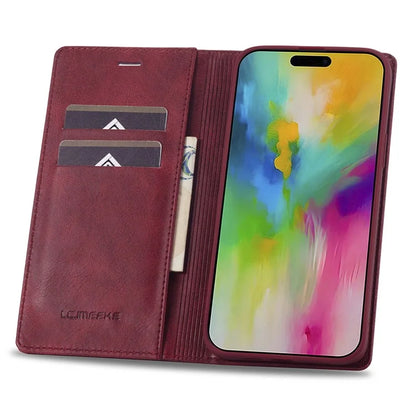 LC.IMEEKE For iPhone 16 Pro Leather Case RFID Blocking Card Slots Phone Cover