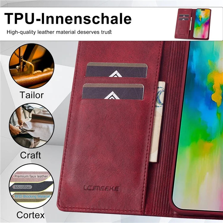 LC.IMEEKE For iPhone 16 Pro Leather Case RFID Blocking Card Slots Phone Cover