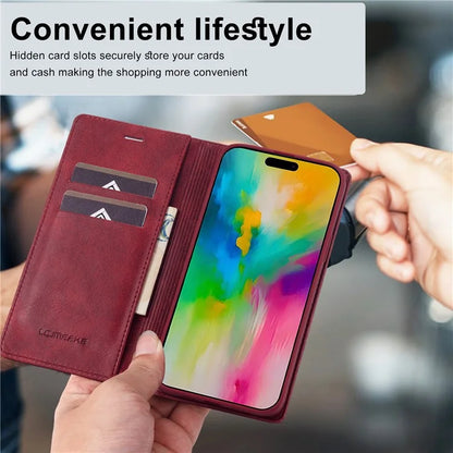 LC.IMEEKE For iPhone 16 Pro Leather Case RFID Blocking Card Slots Phone Cover