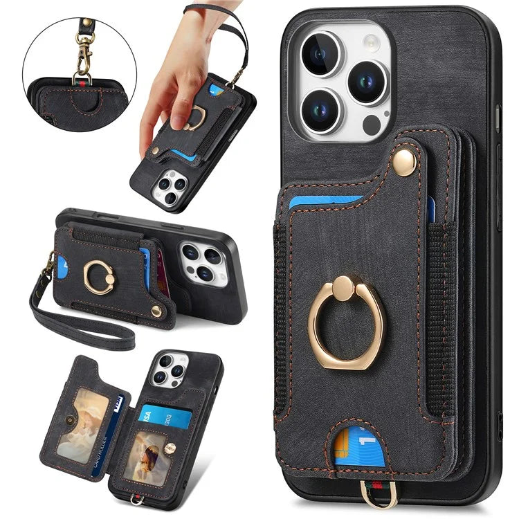 For iPhone 16 Pro Case RFID Blocking Handbag Leather+TPU Phone Cover Card Slots, Ring Holder