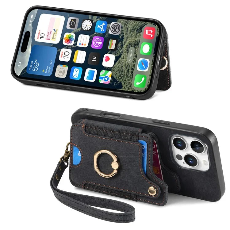 For iPhone 16 Pro Case RFID Blocking Handbag Leather+TPU Phone Cover Card Slots, Ring Holder