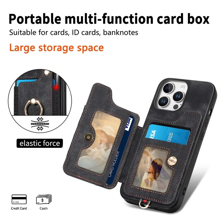For iPhone 16 Pro Case RFID Blocking Handbag Leather+TPU Phone Cover Card Slots, Ring Holder