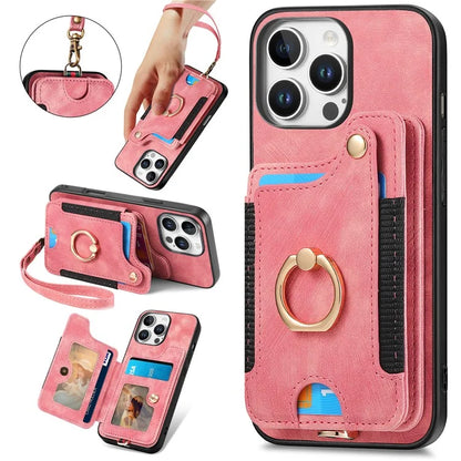 For iPhone 16 Pro Case RFID Blocking Handbag Leather+TPU Phone Cover Card Slots, Ring Holder