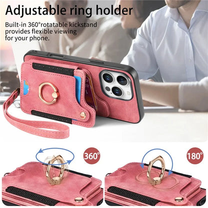 For iPhone 16 Pro Case RFID Blocking Handbag Leather+TPU Phone Cover Card Slots, Ring Holder