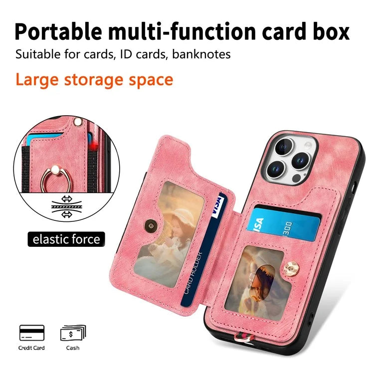 For iPhone 16 Pro Case RFID Blocking Handbag Leather+TPU Phone Cover Card Slots, Ring Holder