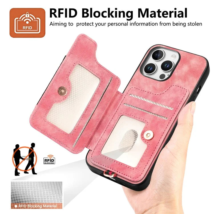 For iPhone 16 Pro Case RFID Blocking Handbag Leather+TPU Phone Cover Card Slots, Ring Holder
