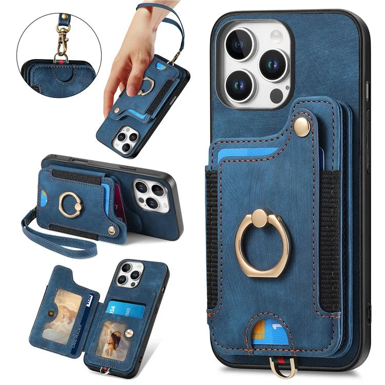 For iPhone 16 Pro Case RFID Blocking Handbag Leather+TPU Phone Cover Card Slots, Ring Holder
