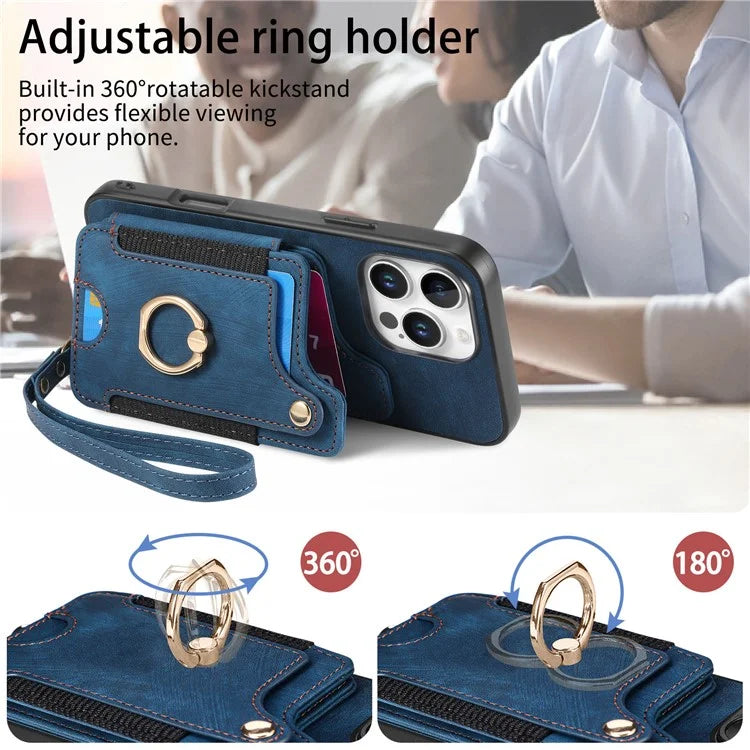 For iPhone 16 Pro Case RFID Blocking Handbag Leather+TPU Phone Cover Card Slots, Ring Holder