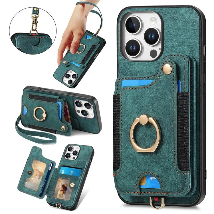 For iPhone 16 Pro Case RFID Blocking Handbag Leather+TPU Phone Cover Card Slots, Ring Holder