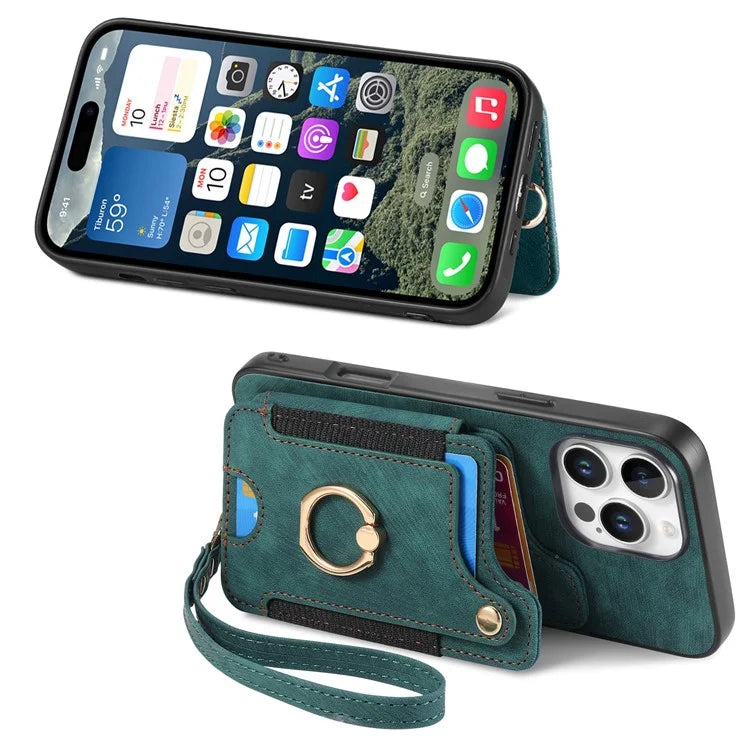 For iPhone 16 Pro Case RFID Blocking Handbag Leather+TPU Phone Cover Card Slots, Ring Holder