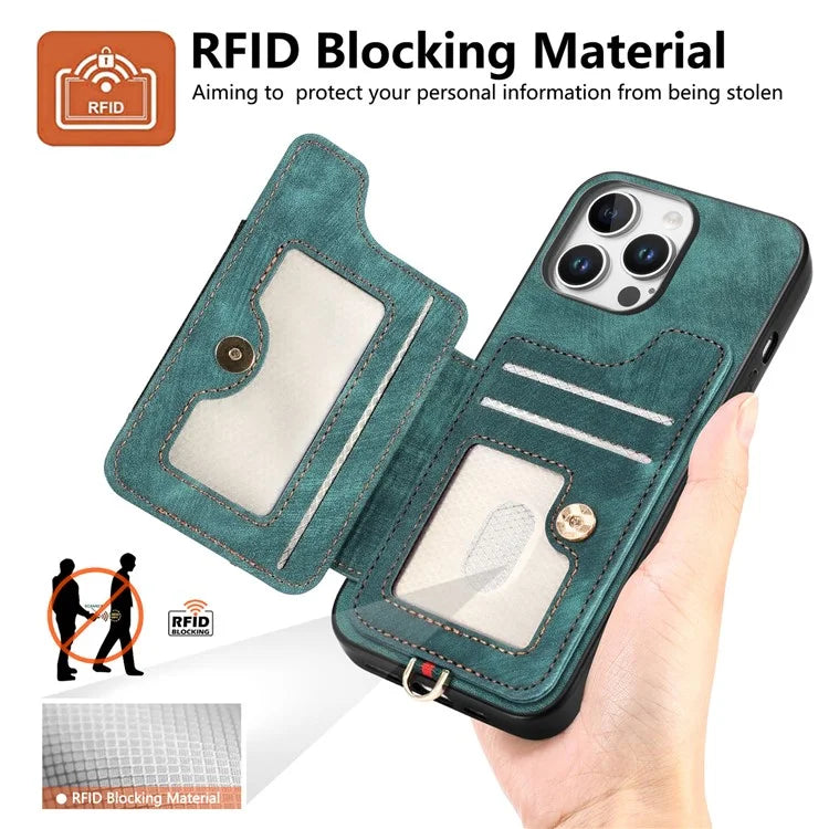 For iPhone 16 Pro Case RFID Blocking Handbag Leather+TPU Phone Cover Card Slots, Ring Holder