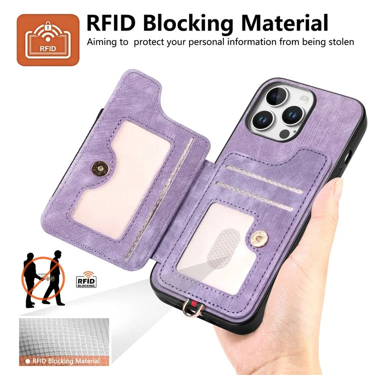 For iPhone 16 Pro Case RFID Blocking Handbag Leather+TPU Phone Cover Card Slots, Ring Holder