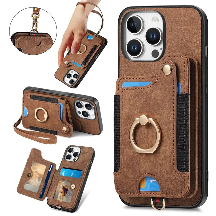 For iPhone 16 Pro Case RFID Blocking Handbag Leather+TPU Phone Cover Card Slots, Ring Holder