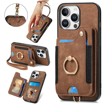 For iPhone 16 Pro Case RFID Blocking Handbag Leather+TPU Phone Cover Card Slots, Ring Holder