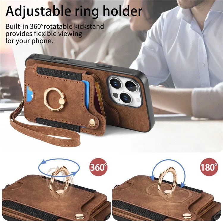 For iPhone 16 Pro Case RFID Blocking Handbag Leather+TPU Phone Cover Card Slots, Ring Holder