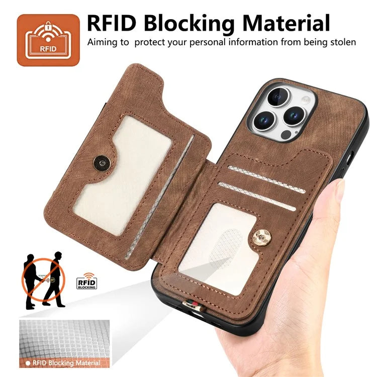 For iPhone 16 Pro Case RFID Blocking Handbag Leather+TPU Phone Cover Card Slots, Ring Holder