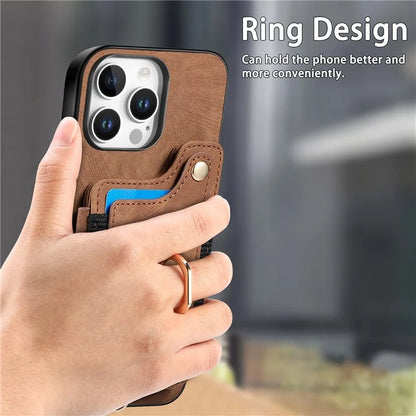 For iPhone 16 Pro Case RFID Blocking Handbag Leather+TPU Phone Cover Card Slots, Ring Holder