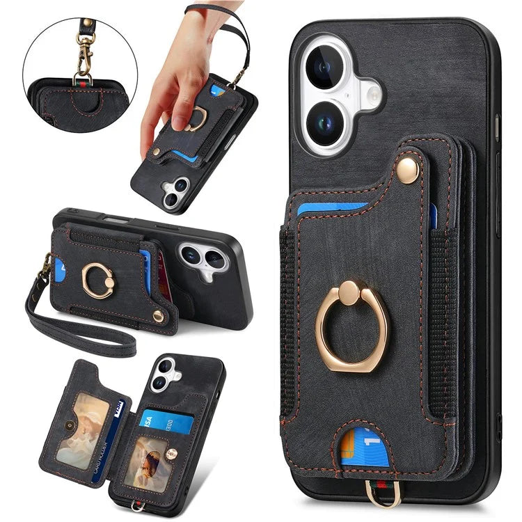 For iPhone 16 Plus Case RFID Blocking Handbag Leather+TPU Phone Cover Card Slots, Ring Holder