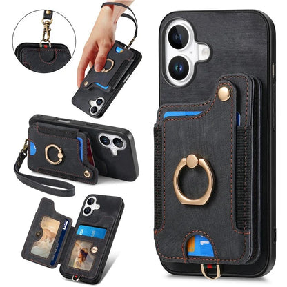 For iPhone 16 Plus Case RFID Blocking Handbag Leather+TPU Phone Cover Card Slots, Ring Holder