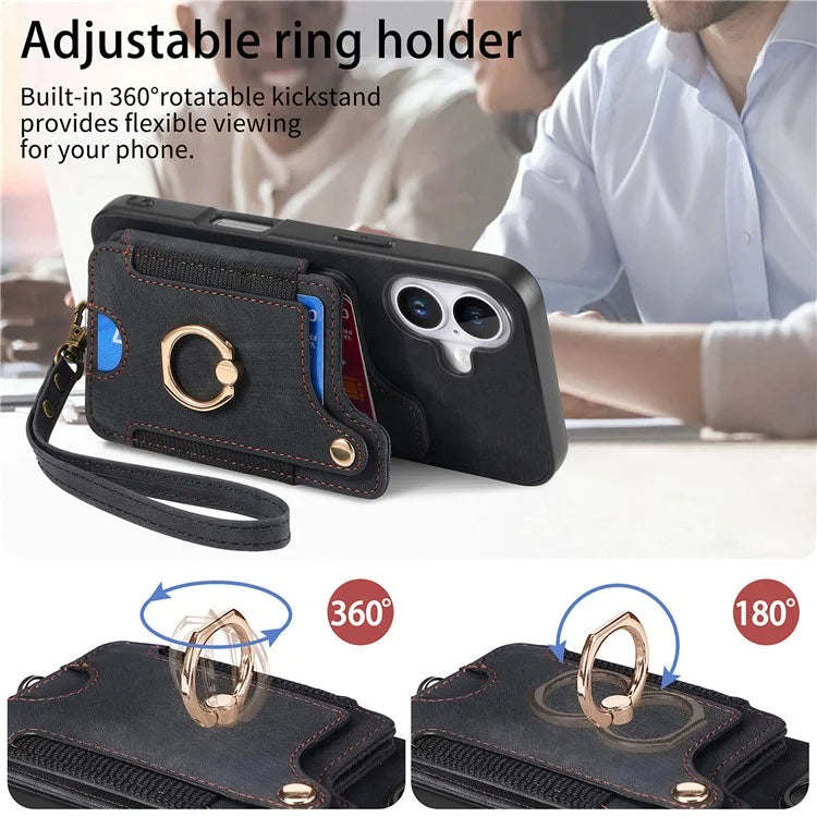 For iPhone 16 Plus Case RFID Blocking Handbag Leather+TPU Phone Cover Card Slots, Ring Holder