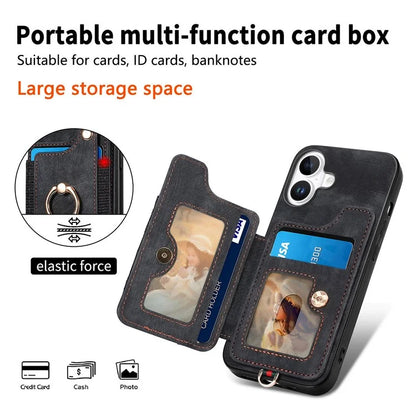 For iPhone 16 Plus Case RFID Blocking Handbag Leather+TPU Phone Cover Card Slots, Ring Holder
