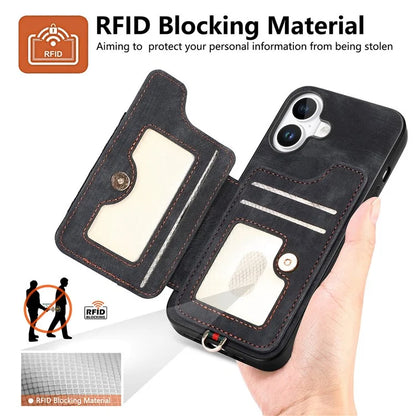 For iPhone 16 Plus Case RFID Blocking Handbag Leather+TPU Phone Cover Card Slots, Ring Holder