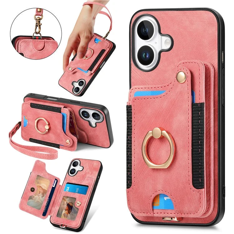 For iPhone 16 Plus Case RFID Blocking Handbag Leather+TPU Phone Cover Card Slots, Ring Holder