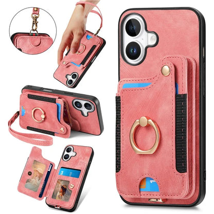 For iPhone 16 Plus Case RFID Blocking Handbag Leather+TPU Phone Cover Card Slots, Ring Holder