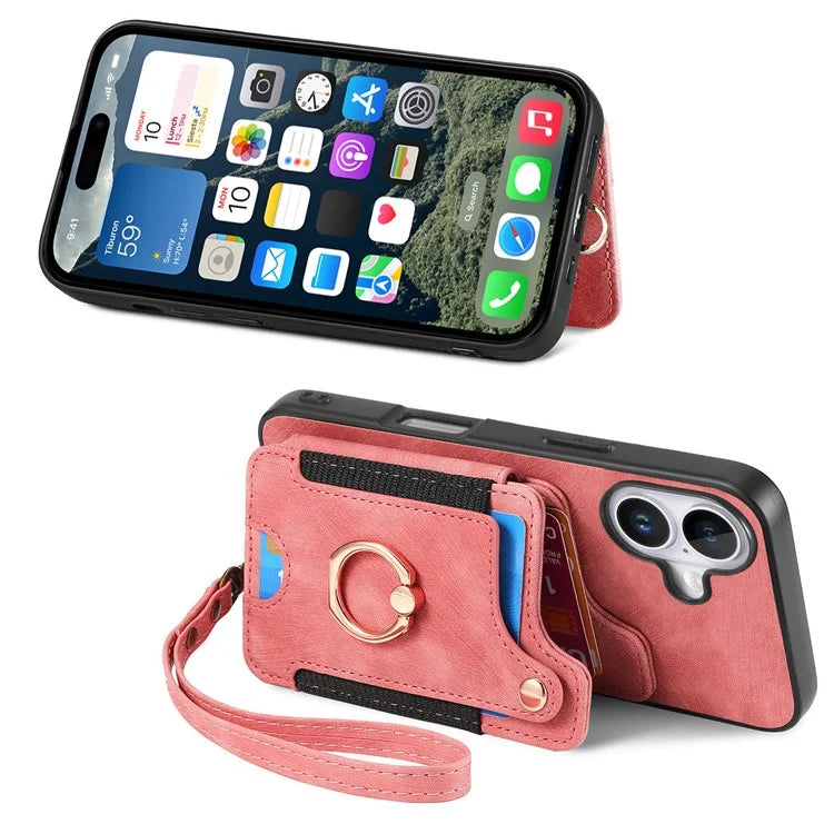 For iPhone 16 Plus Case RFID Blocking Handbag Leather+TPU Phone Cover Card Slots, Ring Holder