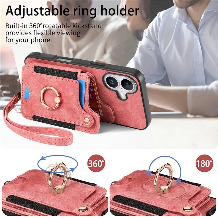 For iPhone 16 Plus Case RFID Blocking Handbag Leather+TPU Phone Cover Card Slots, Ring Holder