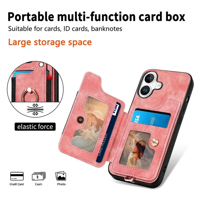 For iPhone 16 Plus Case RFID Blocking Handbag Leather+TPU Phone Cover Card Slots, Ring Holder