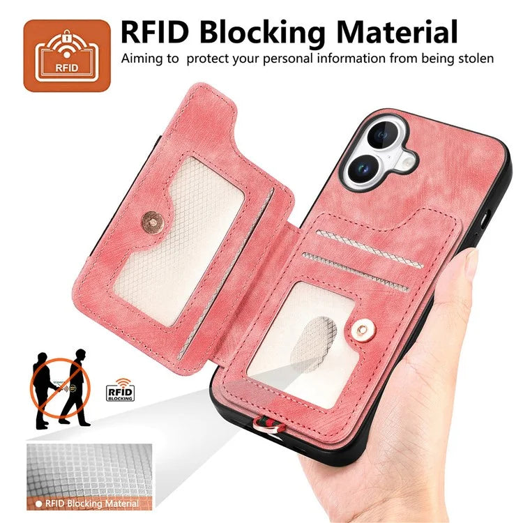 For iPhone 16 Plus Case RFID Blocking Handbag Leather+TPU Phone Cover Card Slots, Ring Holder