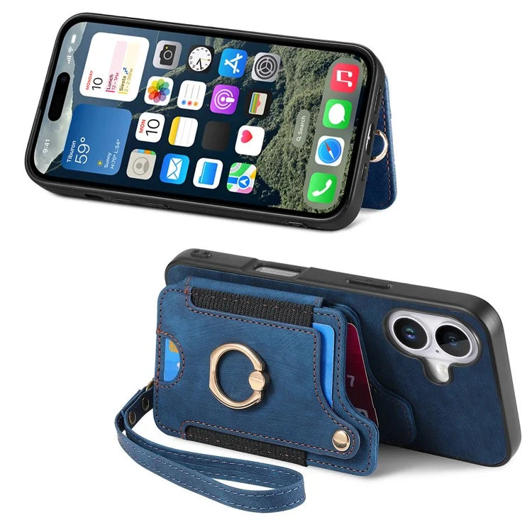 For iPhone 16 Plus Case RFID Blocking Handbag Leather+TPU Phone Cover Card Slots, Ring Holder